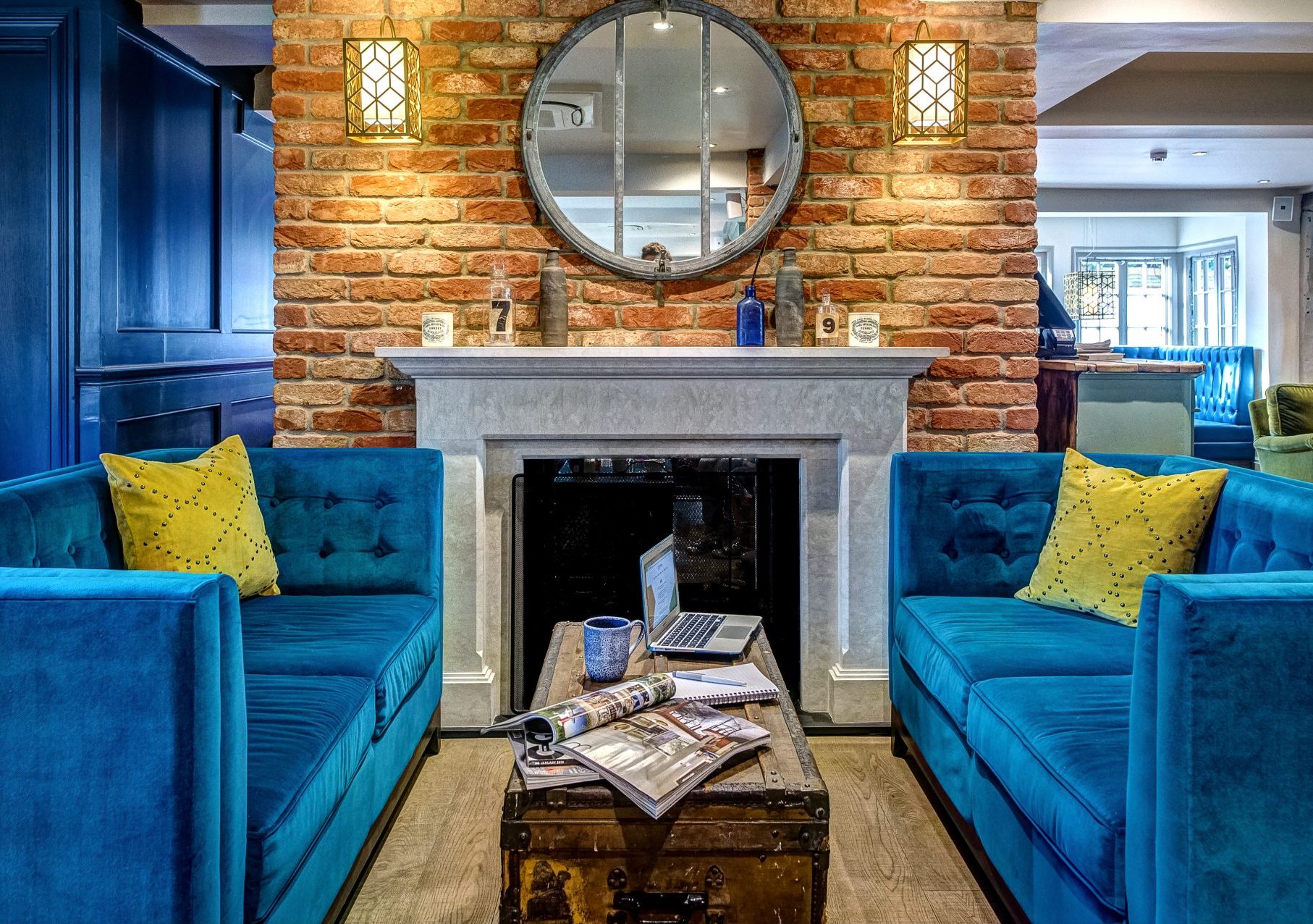 Fire place with blue couches