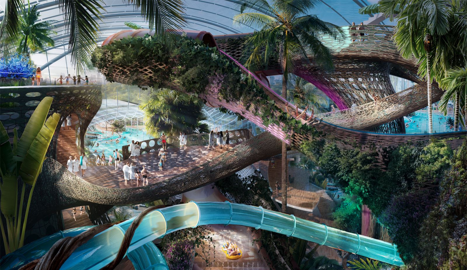 Newly released image of Therme Manchester’s next generation waterpark area, including living waterslides.