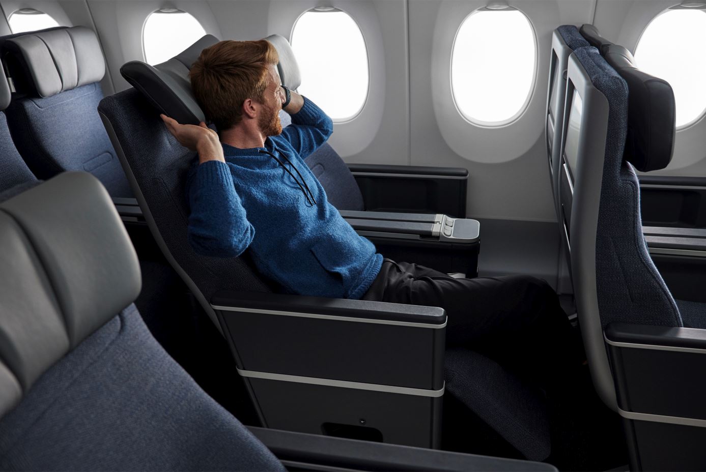 Finnair A350 Premium Economy Man Seated.