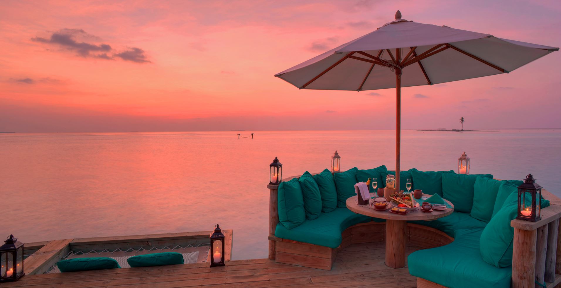 Views over the Sunset Lagoon at Gili Lankanfush in the Maldives.
