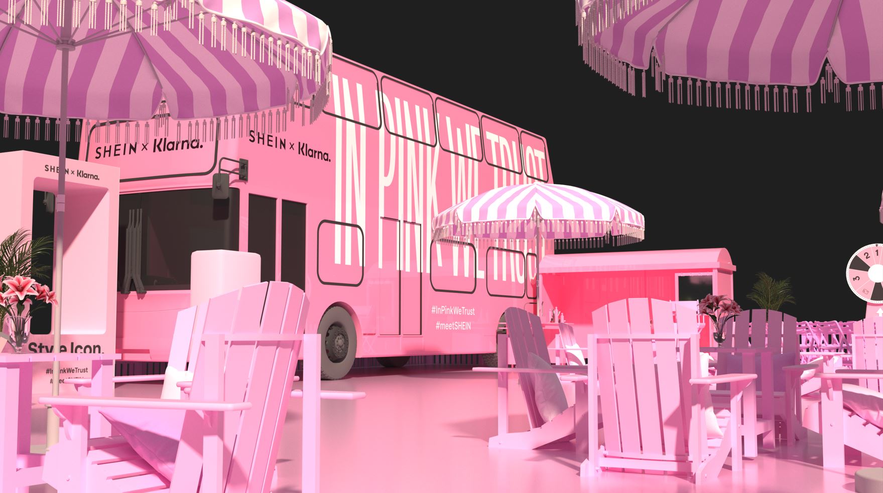 Shein & Klarna Pink Bus Exterior and decking